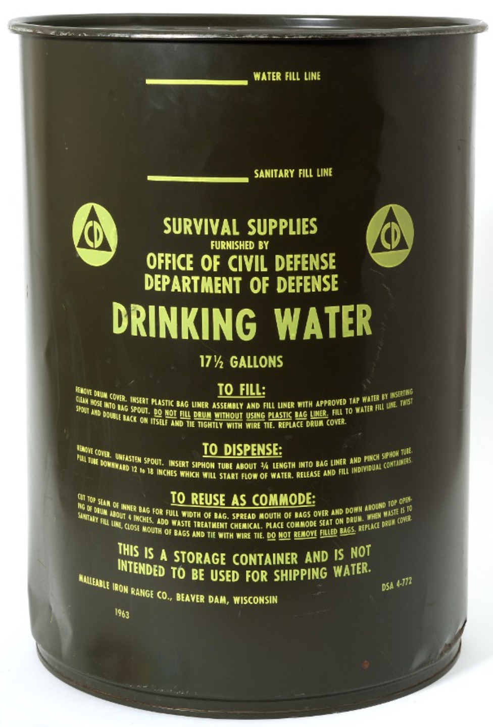 Fallout shelter water storage can be issued by the U.S. Department of Defense 